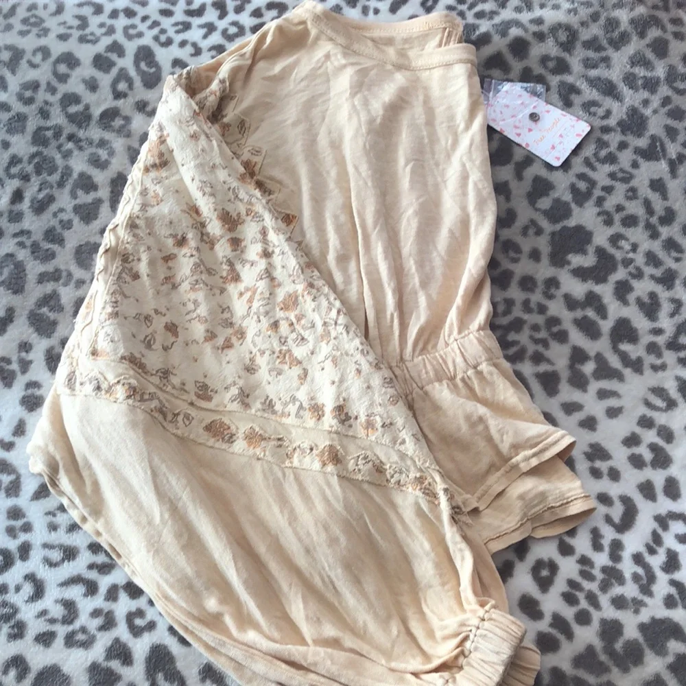 Free People Throwback Embroidered Volume Sleeve Top in Sand Combo Size S…